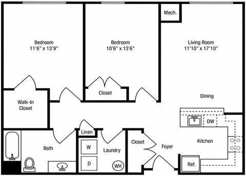 Floor plan for 2 beds, 1 bath, 1092 sqft